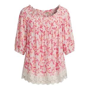 Tantrum Smocked Off Shoulder Boho Festival Wear Blouse Pink Lace Hem Large L